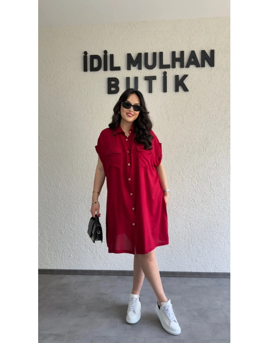 Bordo Kuşak Detaylı Gömlek Elbise