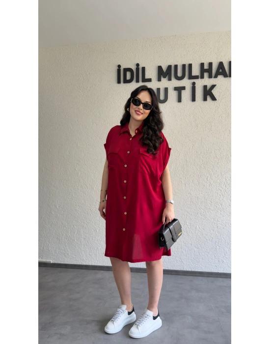 Bordo Kuşak Detaylı Gömlek Elbise