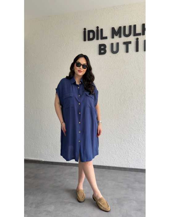 Lacivert Kuşak Detaylı Gömlek Elbise