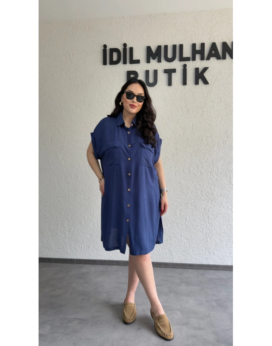 Lacivert Kuşak Detaylı Gömlek Elbise