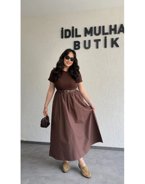 Kahverengi Kemer Detaylı Eteği Poplin Elbise