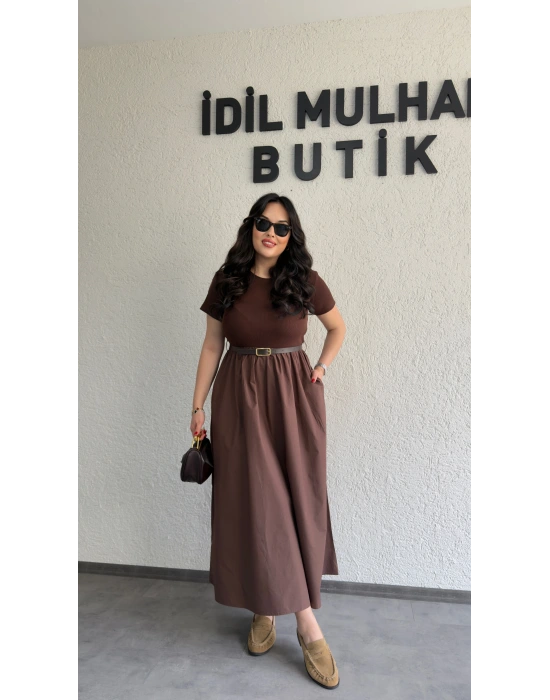 Kahverengi Kemer Detaylı Eteği Poplin Elbise