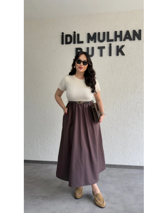 Krem Kemer Detaylı Eteği Poplin Elbise
