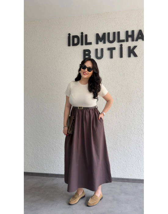 Krem Kemer Detaylı Eteği Poplin Elbise