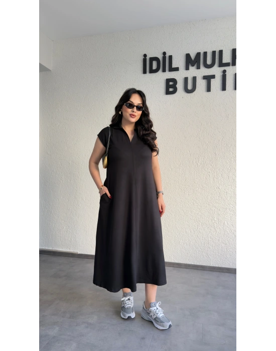 Siyah Cepli Oysh Kumaş Maxi Elbise