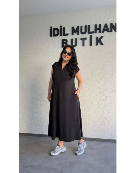 Siyah Cepli Oysh Kumaş Maxi Elbise