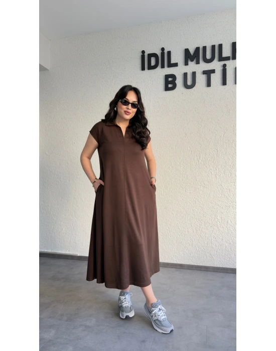 Kahverengi Cepli Oysh Kumaş Maxi Elbise