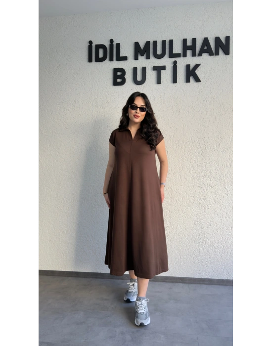 Kahverengi Cepli Oysh Kumaş Maxi Elbise