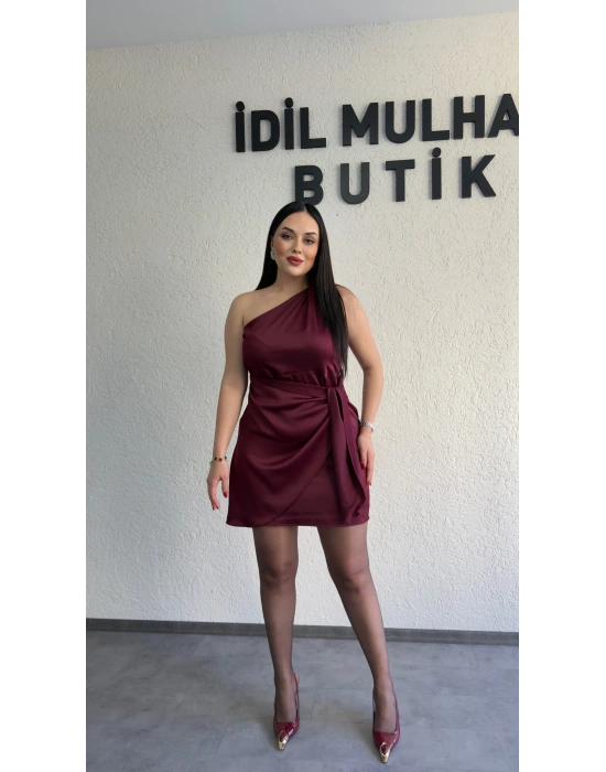 Bordo Tek Omuz Kuşak Detaylı Elbise