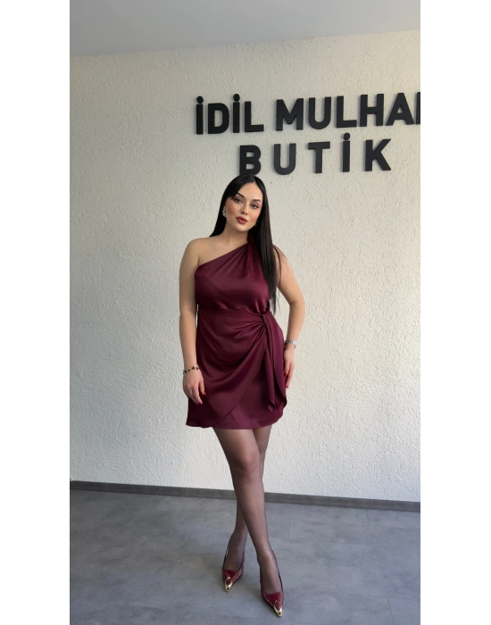 Bordo Tek Omuz Kuşak Detaylı Elbise