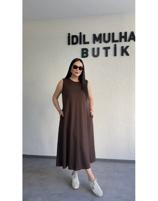 Kahverengi Oysh Salaş Günlük Midi Elbise
