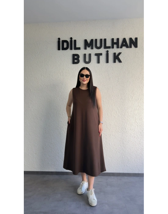 Kahverengi Oysh Salaş Günlük Midi Elbise