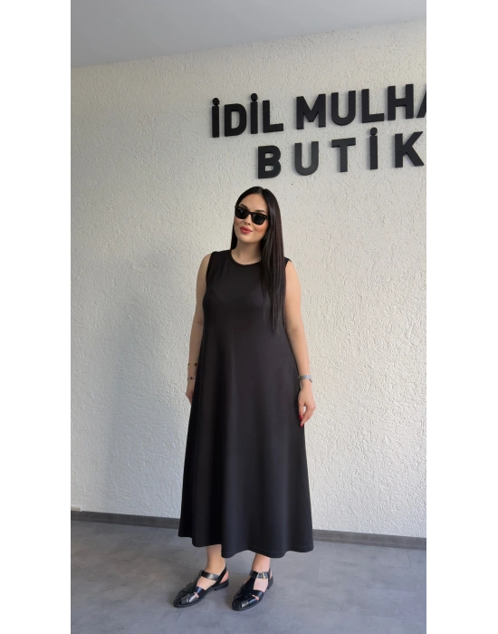 Siyah Oysh Salaş Günlük Midi Elbise