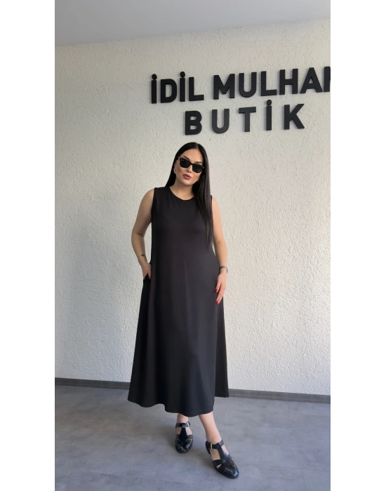 Siyah Oysh Salaş Günlük Midi Elbise
