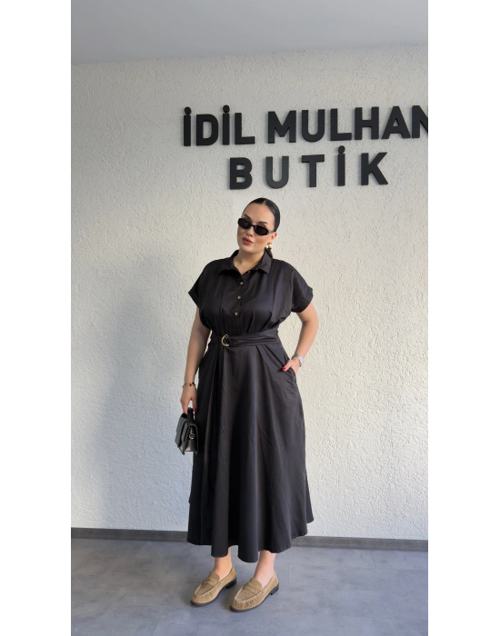 Siyah Poplin Kuşaklı Gömlek Elbise