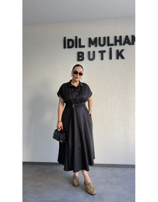Siyah Poplin Kuşaklı Gömlek Elbise