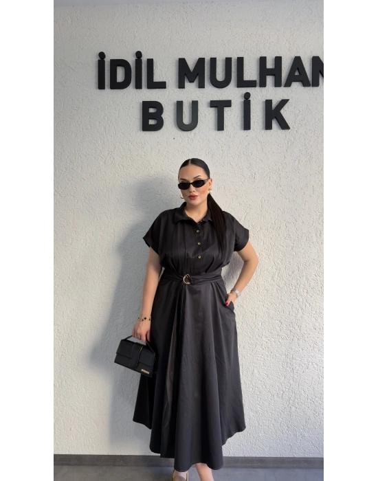 Siyah Poplin Kuşaklı Gömlek Elbise