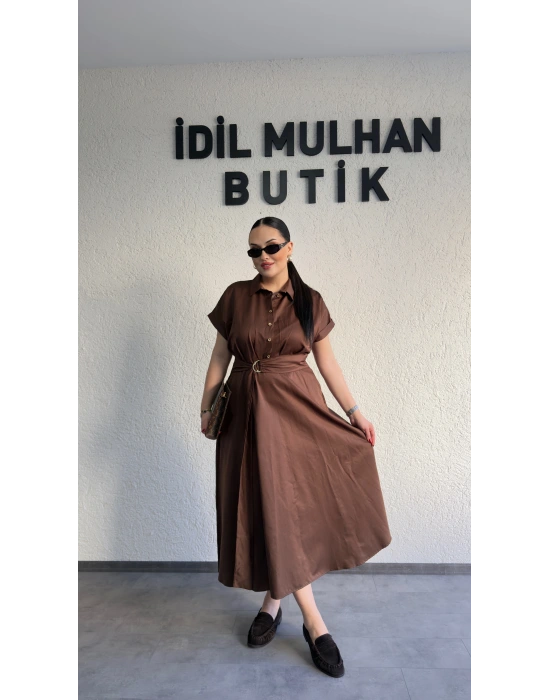 Kahverengi Poplin Kuşaklı Gömlek Elbise