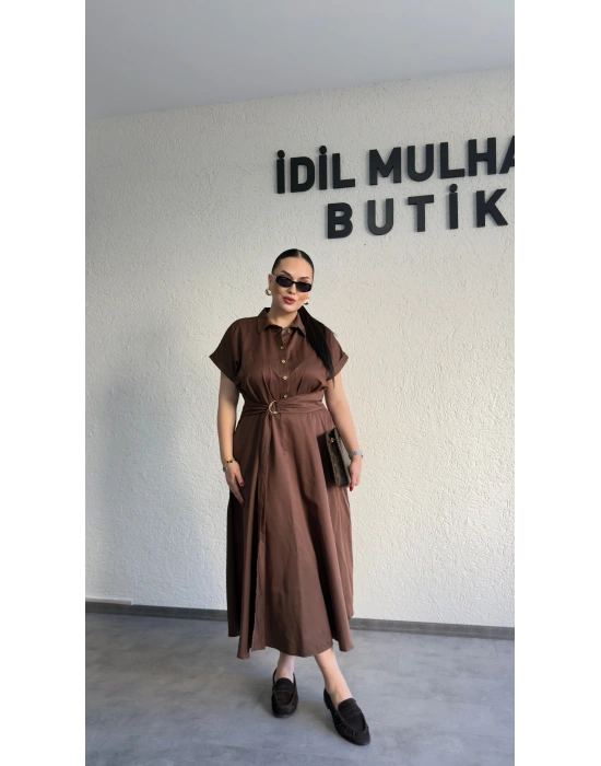 Kahverengi Poplin Kuşaklı Gömlek Elbise