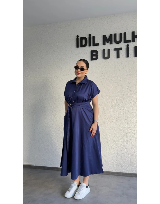 Lacivert Poplin Kuşaklı Gömlek Elbise
