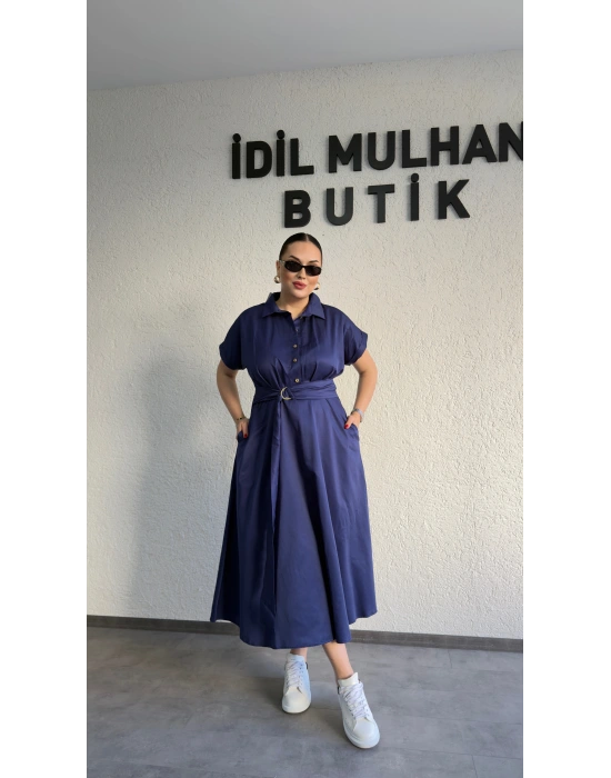 Lacivert Poplin Kuşaklı Gömlek Elbise