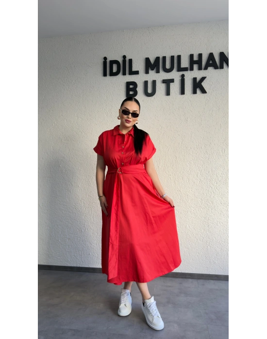 Kırmızı Poplin Kuşaklı Gömlek Elbise