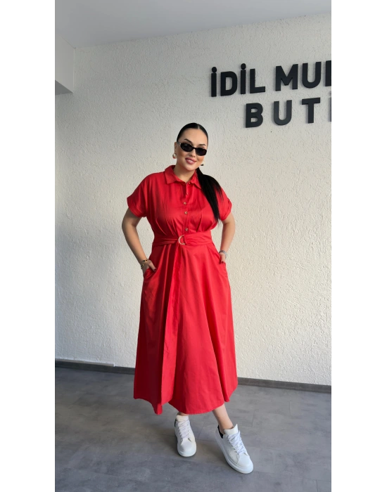 Kırmızı Poplin Kuşaklı Gömlek Elbise