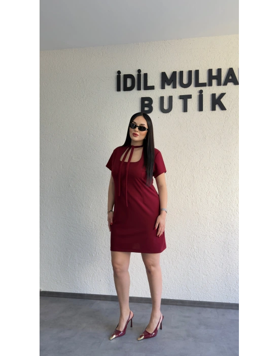 Bordo Zr Model Yaka Bağlama Detaylı Elbise