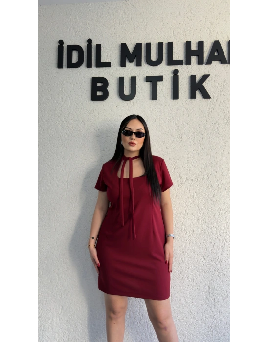 Bordo Zr Model Yaka Bağlama Detaylı Elbise