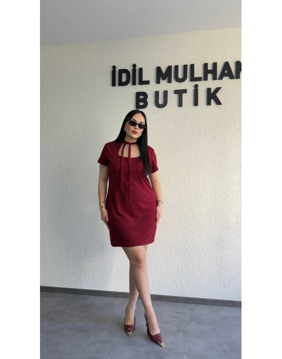 Bordo Zr Model Yaka Bağlama Detaylı Elbise