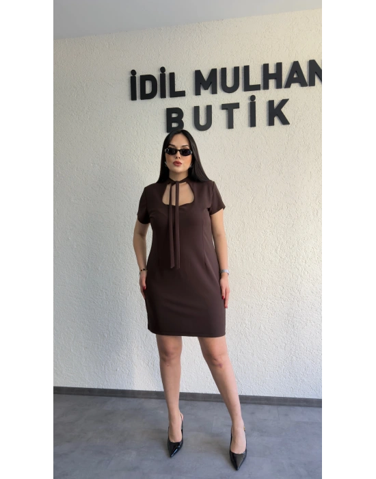 Kahverengi Zr Model Yaka Bağlama Detaylı Elbise