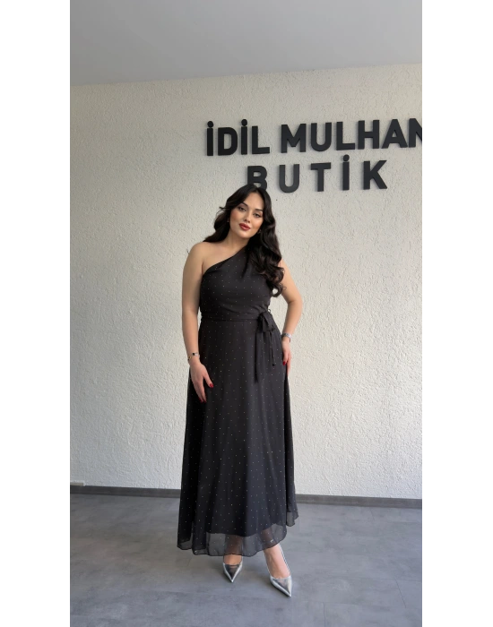 Işıltılı Siyah Şifon Elbise