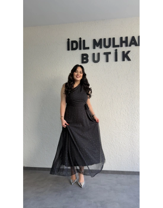 Işıltılı Siyah Şifon Elbise