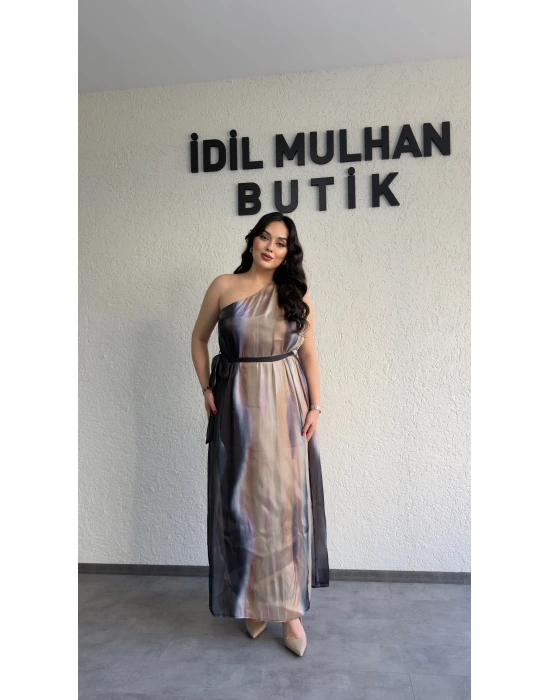 Tek Omuz Renk Geçişli Organze Elbise
