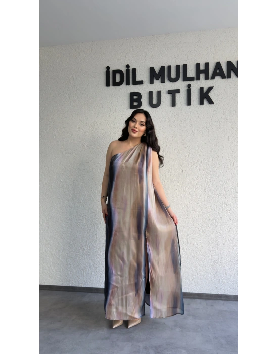 Tek Omuz Renk Geçişli Organze Elbise