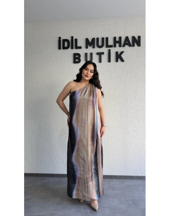 Tek Omuz Renk Geçişli Organze Elbise