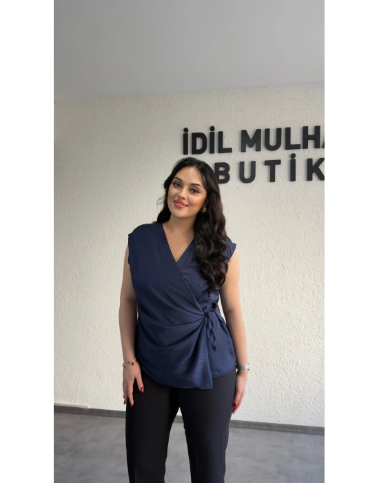Lacivert Nisbet Kumaş Kolsuz Bluz