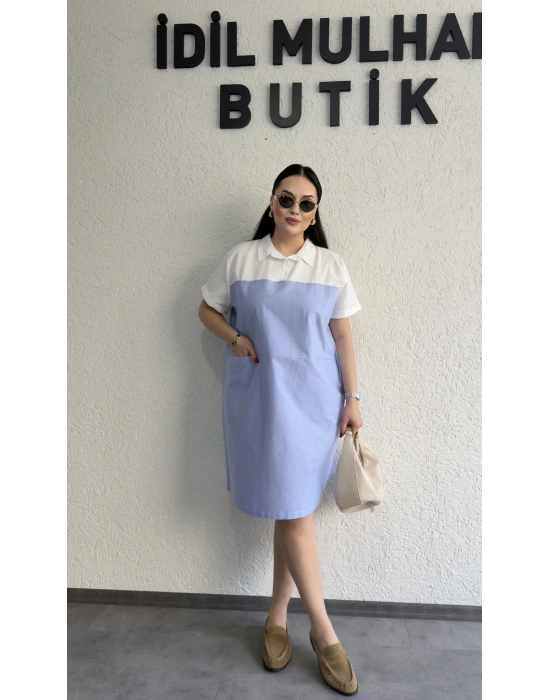 Beyaz Gömlek Yakalı Denim Elbise