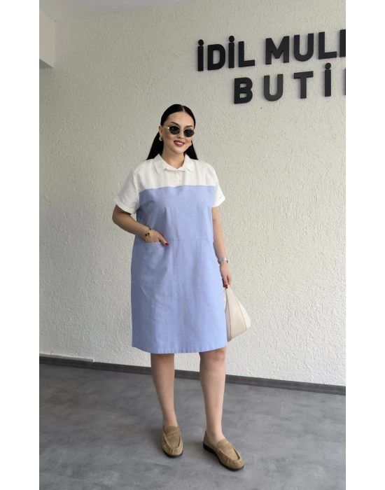 Beyaz Gömlek Yakalı Denim Elbise