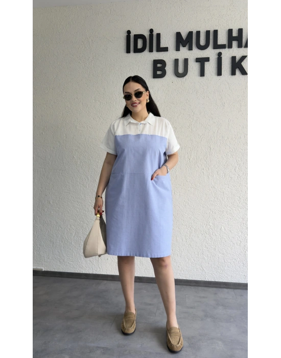 Beyaz Gömlek Yakalı Denim Elbise