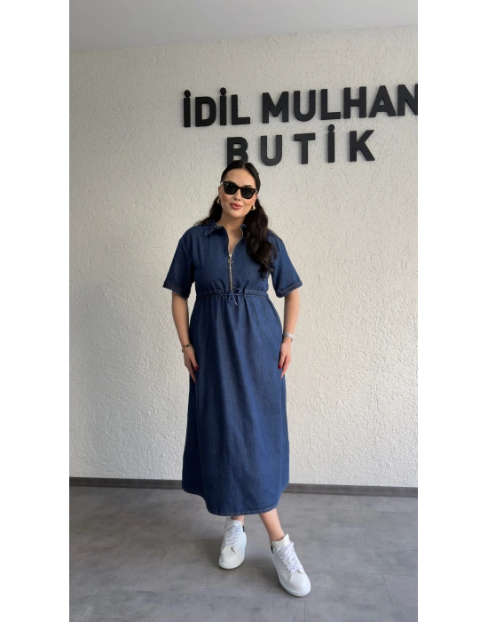 Lacivert Fermuar Detaylı Denim Elbise