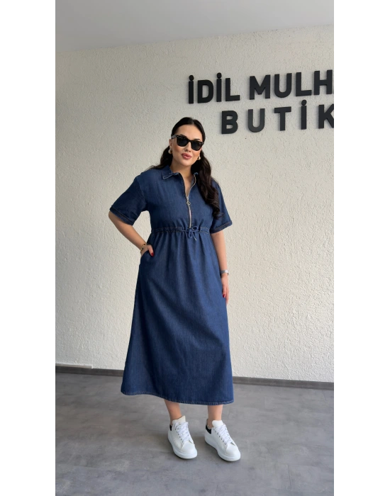 Lacivert Fermuar Detaylı Denim Elbise