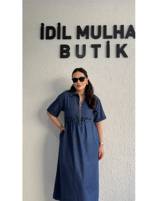 Lacivert Fermuar Detaylı Denim Elbise