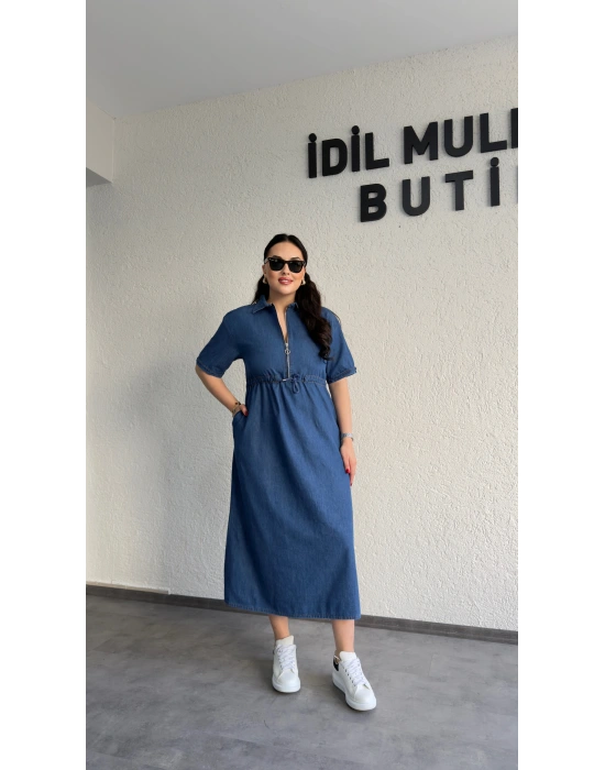 Mavi Fermuar Detaylı Denim Elbise