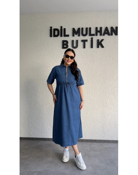 Mavi Fermuar Detaylı Denim Elbise
