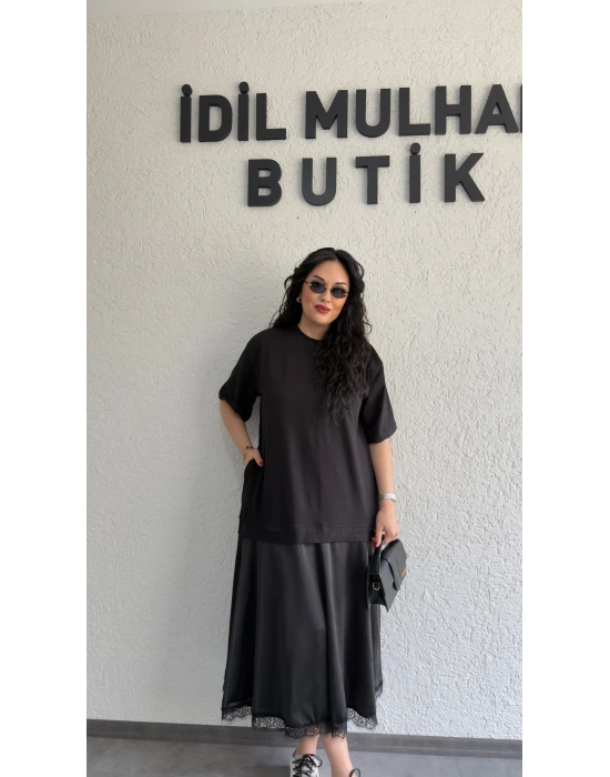 Siyah Eteği Saten Dantel Detaylı Elbise