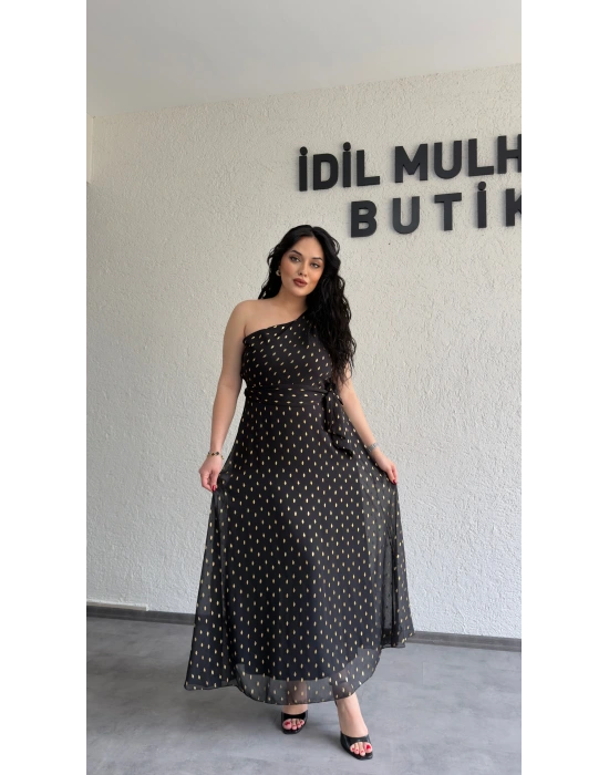 Siyah Tek Omuz Gold Desen Detaylı Elbise