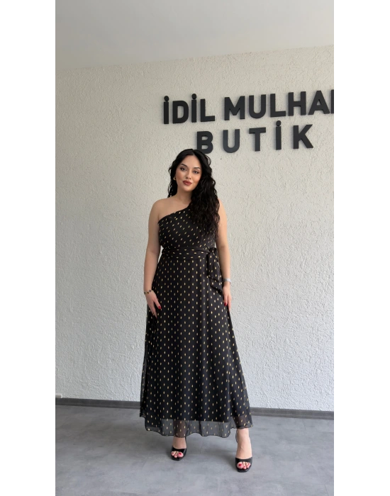 Siyah Tek Omuz Gold Desen Detaylı Elbise