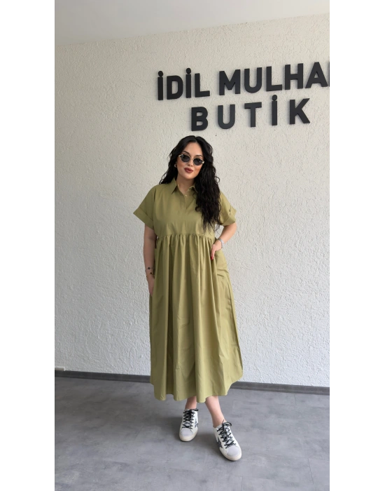 Yağ Yeşili Cep Detaylı Poplin Elbise