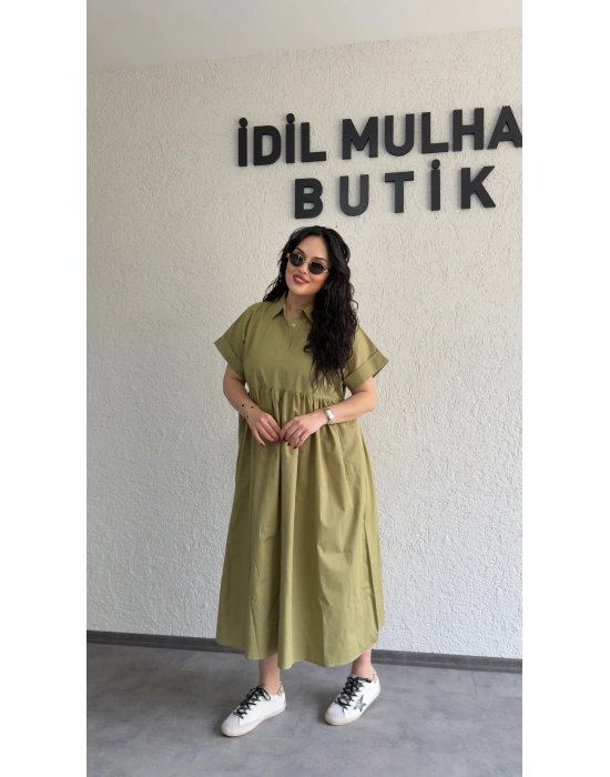 Yağ Yeşili Cep Detaylı Poplin Elbise